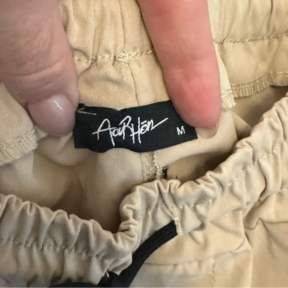 Tan Cargo Pants with Elastic Cuffs and Drawstring Waist